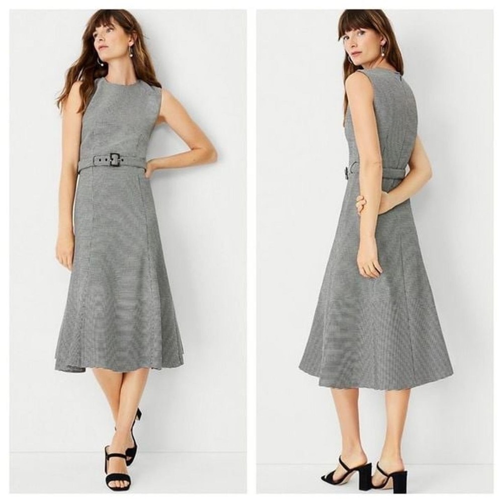 Ann Taylor Classic Houndstooth Belted Fit & Flare Midi Dress Black White Size 8